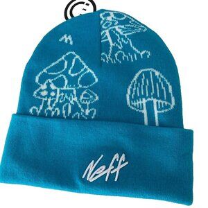 NWT Neff Beanie Winter Hat Snowboard Skate Blue Teal Mushroom Script Embroidered